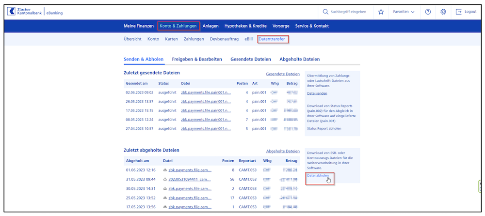 Anleitung zum Download der E-Banking Camt.053-Datei